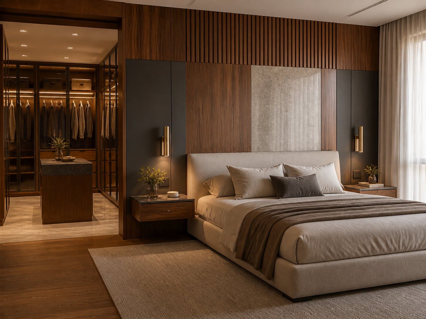 Quarto de casal com painel em madeira ripada, criados-mudos suspensos e closet com portas de vidro ao fundo